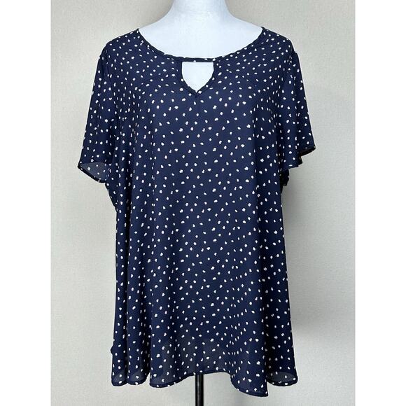 Torrid Women’s Size 2 Navy Blue Blouse w/White & Pink Spots 100% Polyester Flowy - Picture 1 of 13